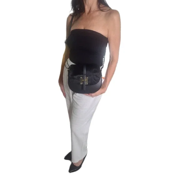 Charlie Leather Mack Black Leather & Black Fur Small Half Moon Crossbody Bag-NWT - Picture 11 of 12